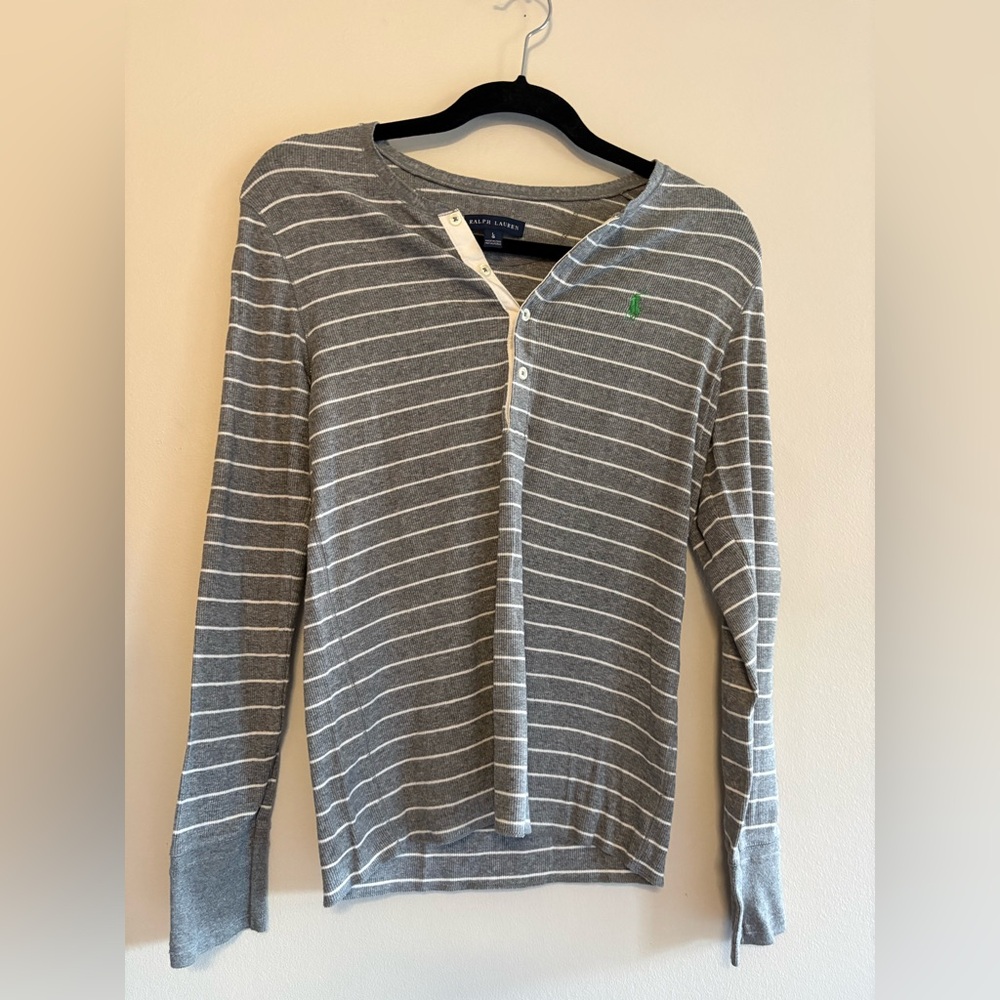 Ralph Lauren Gray & White Striped Long-Sleeve Henley Top Size Large